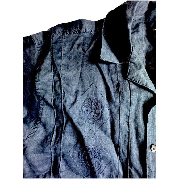 Godbody Linen Deep Navy XL Embossed Button Down Shirt - Picture 3 of 10